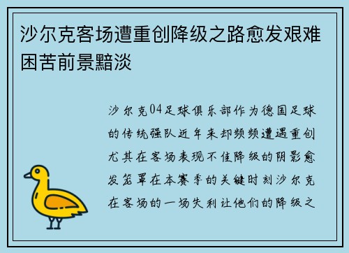 沙尔克客场遭重创降级之路愈发艰难困苦前景黯淡