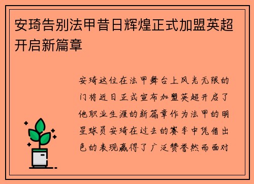 安琦告别法甲昔日辉煌正式加盟英超开启新篇章