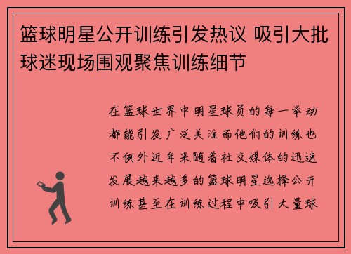 篮球明星公开训练引发热议 吸引大批球迷现场围观聚焦训练细节