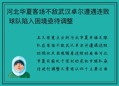 河北华夏客场不敌武汉卓尔遭遇连败 球队陷入困境亟待调整