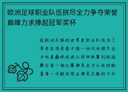 欧洲足球职业队伍拼尽全力争夺荣誉巅峰力求捧起冠军奖杯