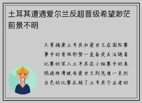 土耳其遭遇爱尔兰反超晋级希望渺茫前景不明