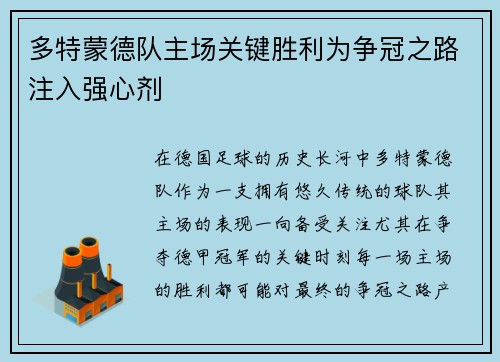 多特蒙德队主场关键胜利为争冠之路注入强心剂
