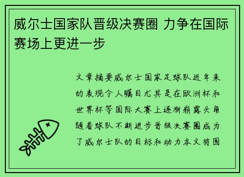 威尔士国家队晋级决赛圈 力争在国际赛场上更进一步