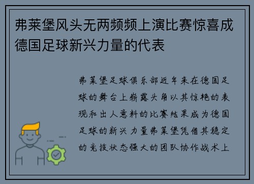 弗莱堡风头无两频频上演比赛惊喜成德国足球新兴力量的代表