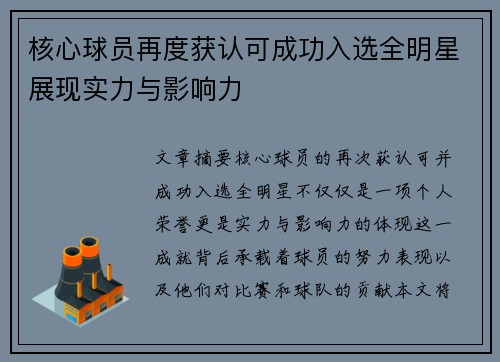 核心球员再度获认可成功入选全明星展现实力与影响力