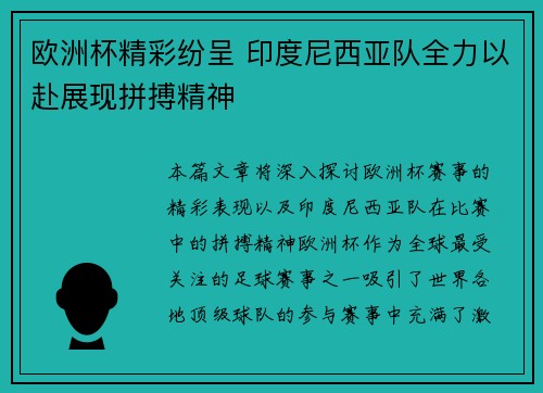 欧洲杯精彩纷呈 印度尼西亚队全力以赴展现拼搏精神