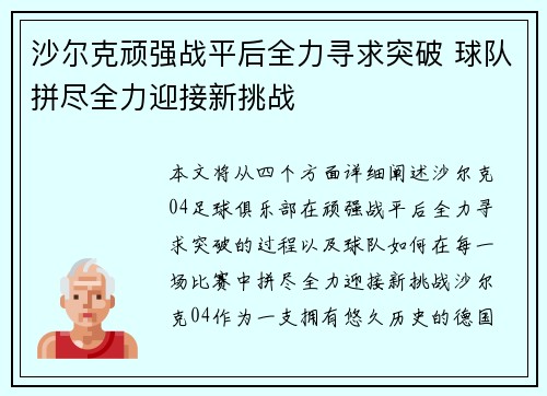 沙尔克顽强战平后全力寻求突破 球队拼尽全力迎接新挑战