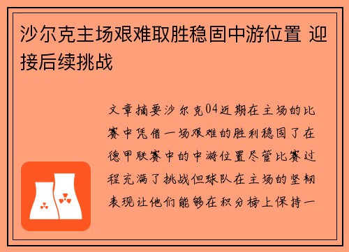 沙尔克主场艰难取胜稳固中游位置 迎接后续挑战
