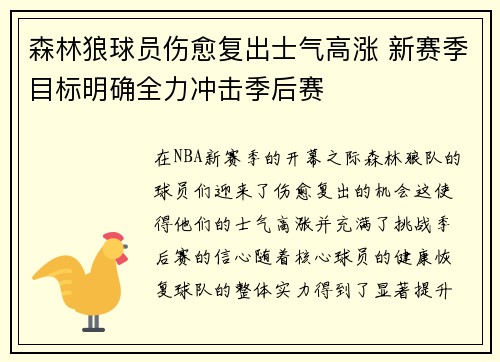 森林狼球员伤愈复出士气高涨 新赛季目标明确全力冲击季后赛