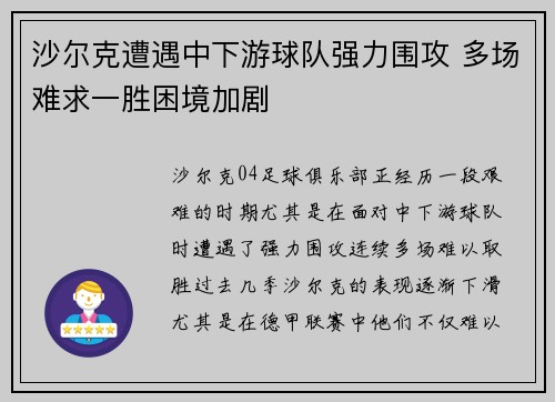 沙尔克遭遇中下游球队强力围攻 多场难求一胜困境加剧