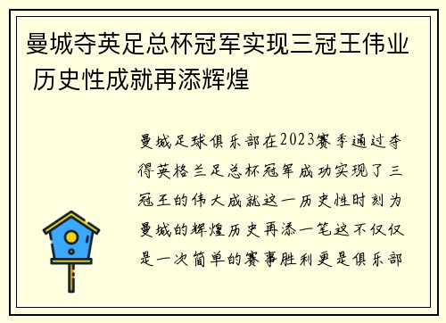 曼城夺英足总杯冠军实现三冠王伟业 历史性成就再添辉煌